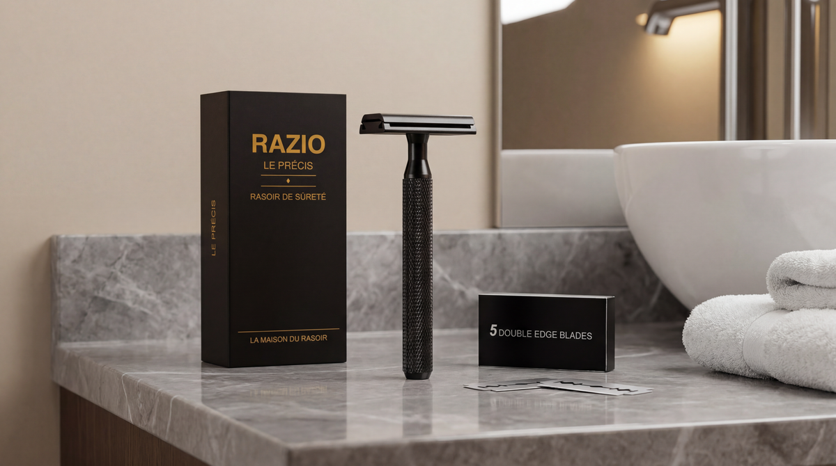 Rasoir de sûreté RAZIO Le Précis, vue en situation sur fond sombre