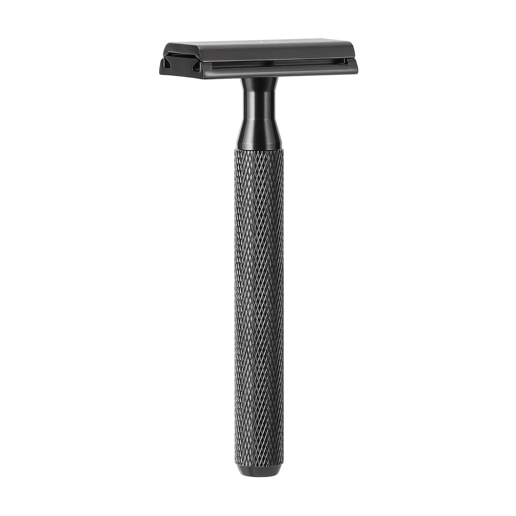 Rasoir de sûreté RAZIO Le Précis en aluminium noir, vue de face sur fond blanc